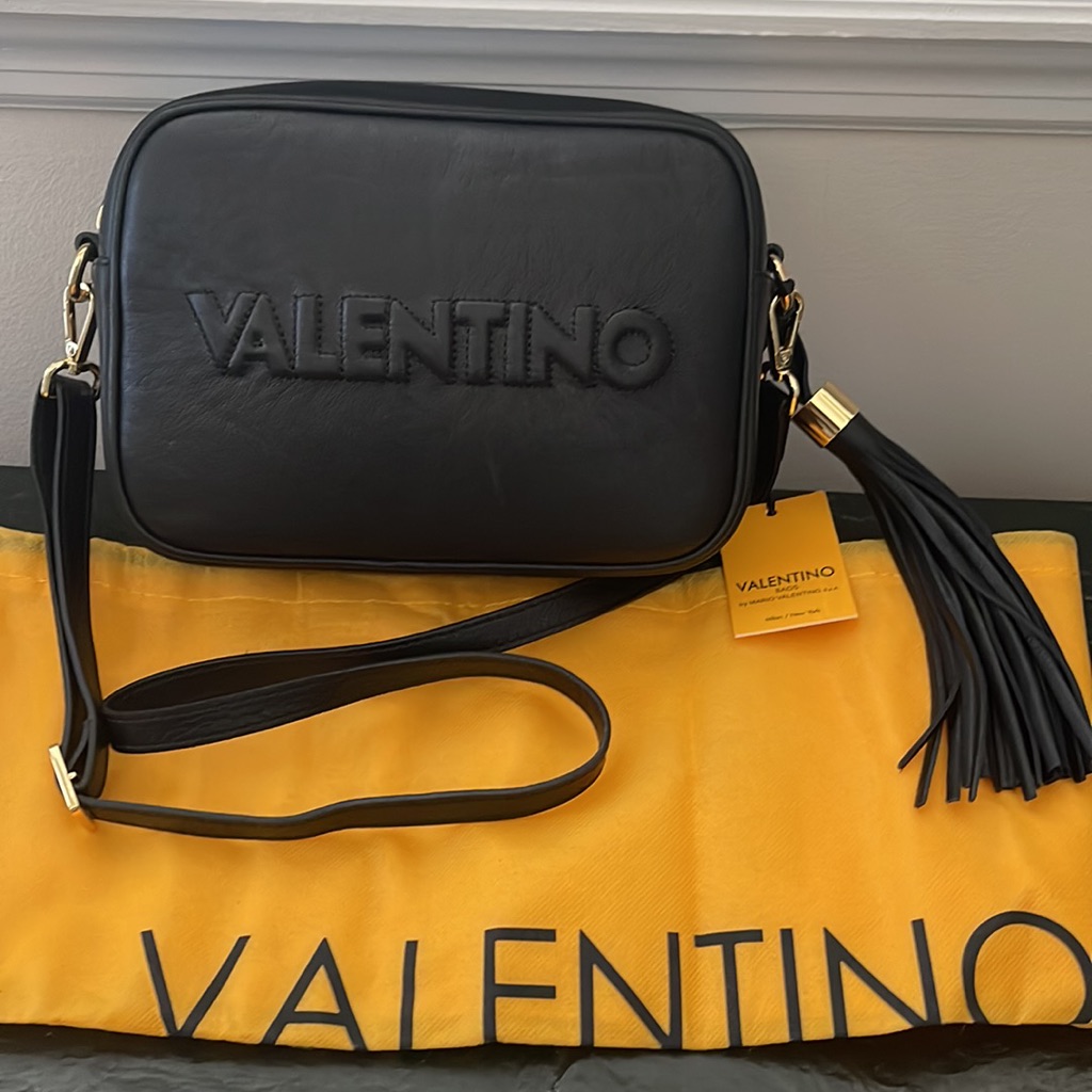 Valentino Black Tasseled Embossed Logo Front Zip Close Shoulder/Clutch Bag